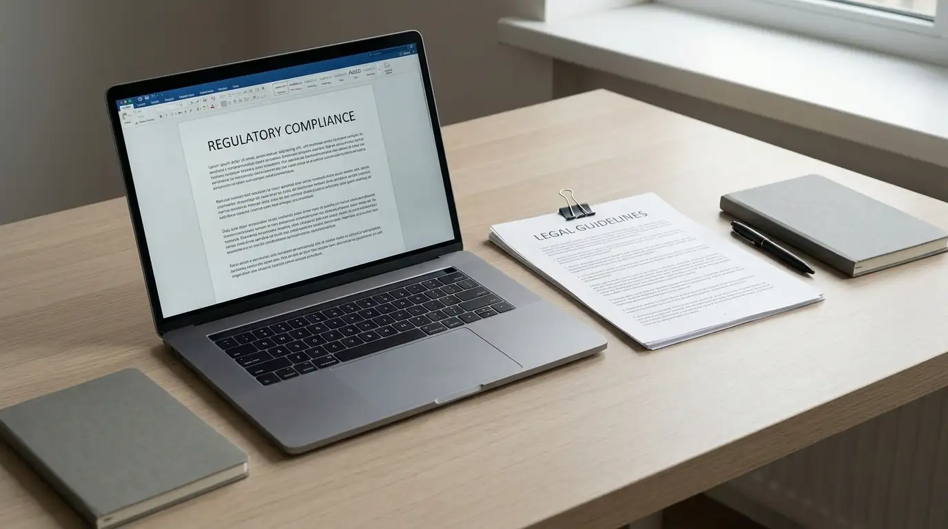 Laptop beside printed legal notes and a pen on a desk
