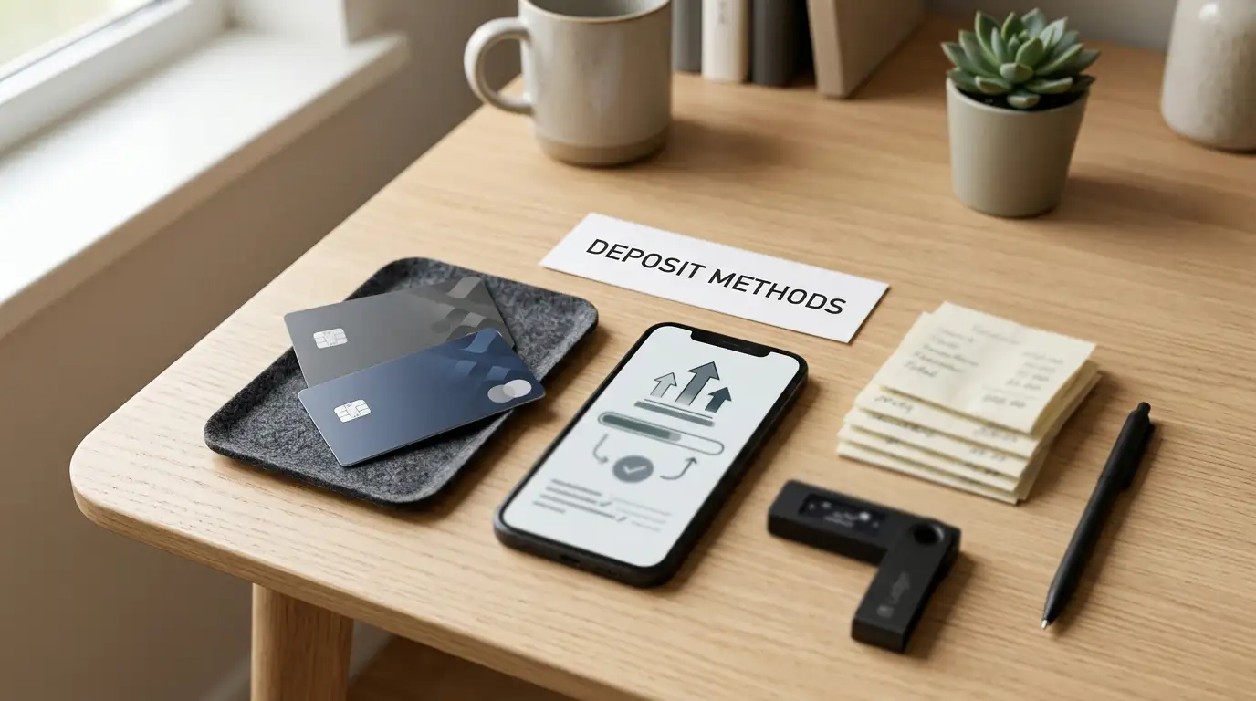 Payment cards, a phone with a bank transfer screen and a hardware wallet beside transaction notes