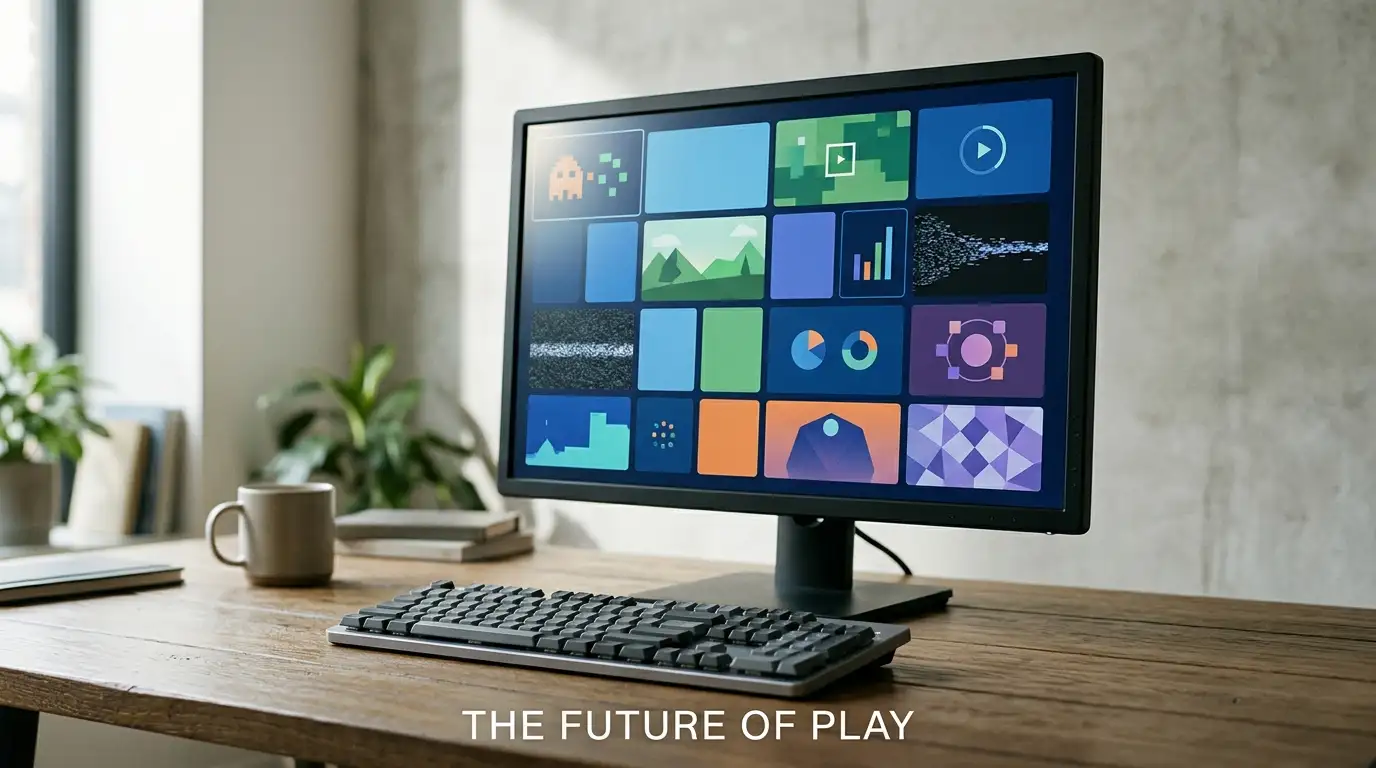 Monitor showing an abstract grid of game-category tiles beside a keyboard