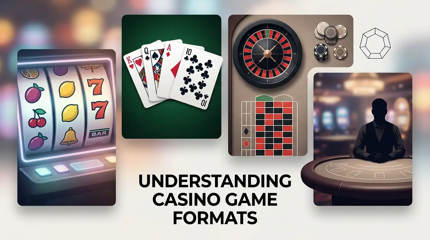 Abstract casino game screens showing reels, playing cards, dice and a live table layout