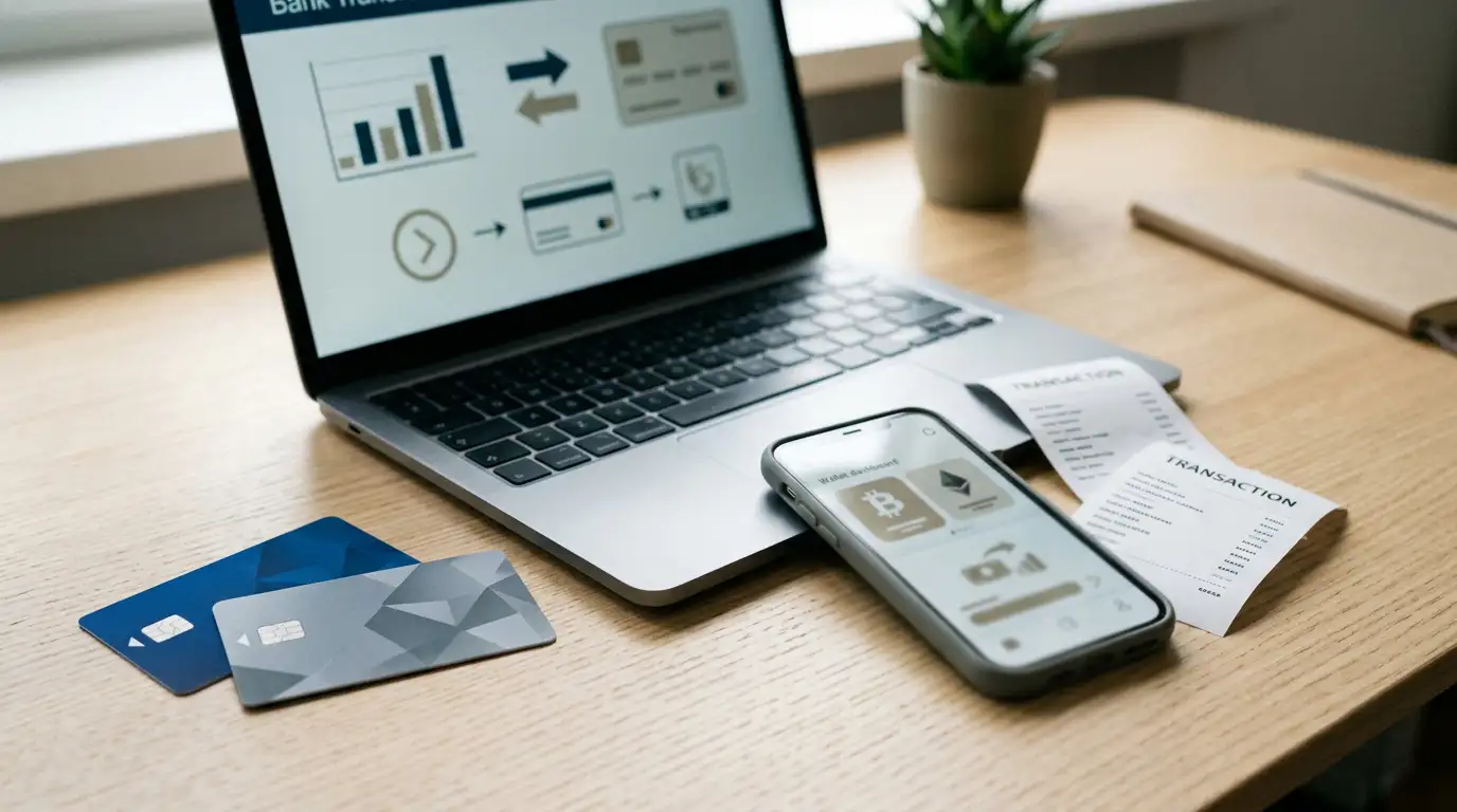 Payment cards, a bank transfer screen and cryptocurrency wallet symbols arranged on a desk