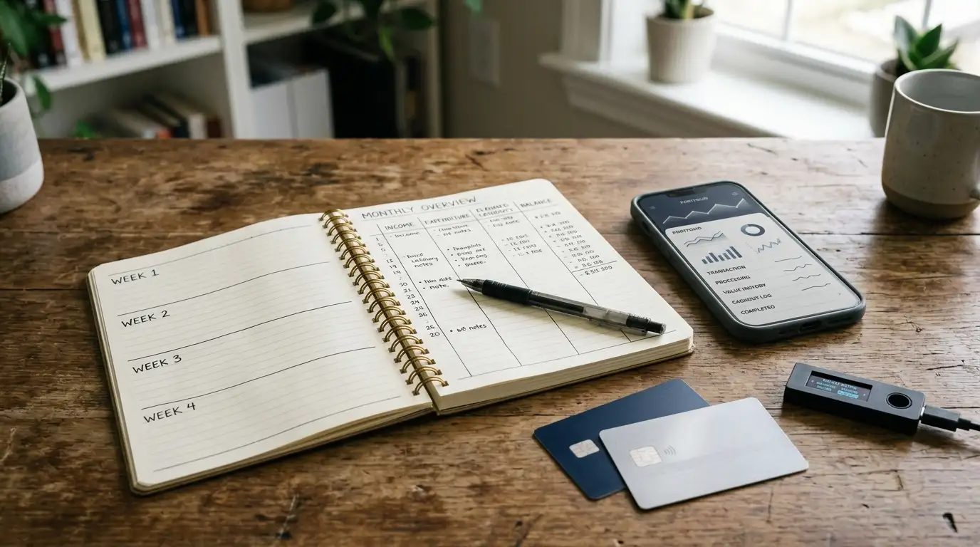 Notebook with weekly and monthly cashout columns beside a phone and generic payment cards
